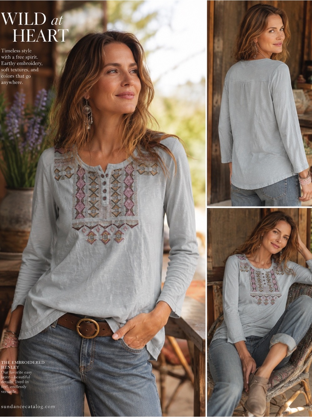 Sundance Linen embroidered Placket Top, M